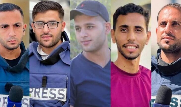 Portrait grid of five Al Jazeera journalists reportedly killed near Al-Shifa Hospital on 10 August 2025.
