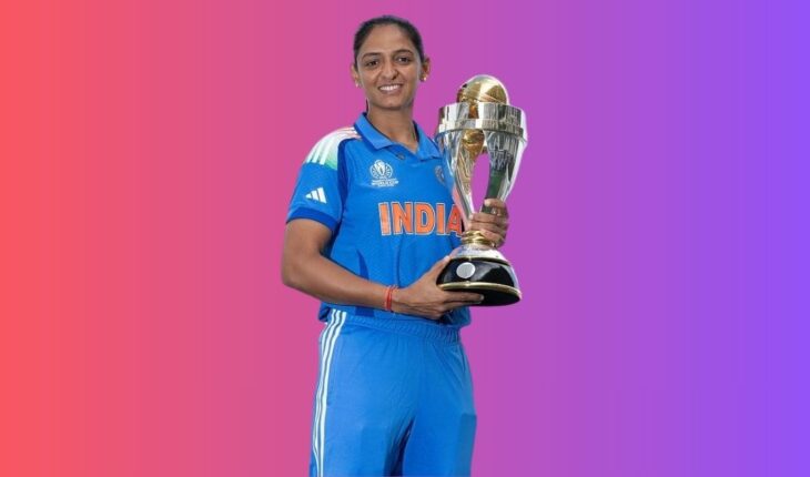 Harmanpreet Kaur holding the 2025 Women's Cricket World Cup trophy after leading India to its first title.